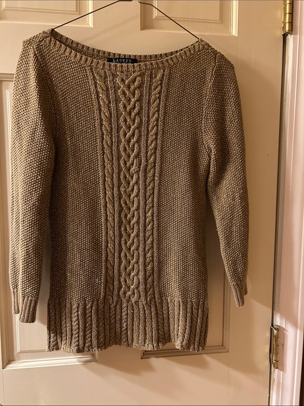 Ralph Lauren tan with gold thread Cable-Front Crewneck Sweater